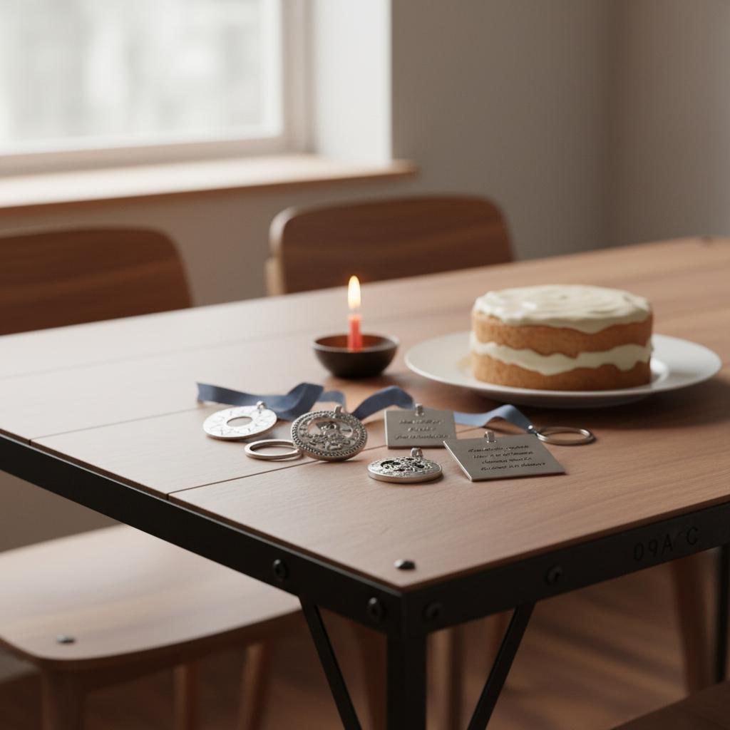 Detailaufnahme Esstisch mit gravierten Metallgeschenken und einfachem Vanillekuchen – Symbol 25 Jahre Ehe, minimalistisches, warmes Holz- und Metall-Ambiente