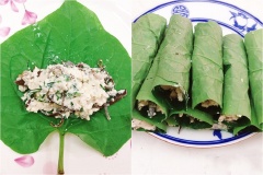 Trộn đều nấm hương, nấm mèo, đậu hũ nghiền nhuyễn, lá lốt thái nhỏ với hạt nêm chay và hạt tiêu để tạo thành hỗn hợp nhân đậu phụ. Trải lá lốt xuống đĩa hoặc thớt, cho một lượng hỗn hợp đậu hũ vừa đủ lên bề mặt lá, cuốn đều và chặt tay.