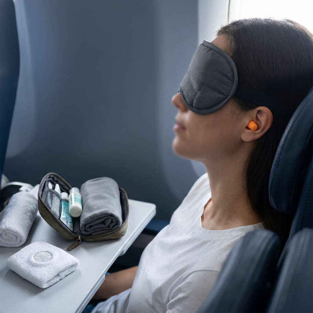 How Travel and Scheduling Affect Tennis Players close up of a tennis player on a flight wearing an eye mask and ear plugs with a compact travel sleep kit on the tray minimalist dark branded background and soft natural light
