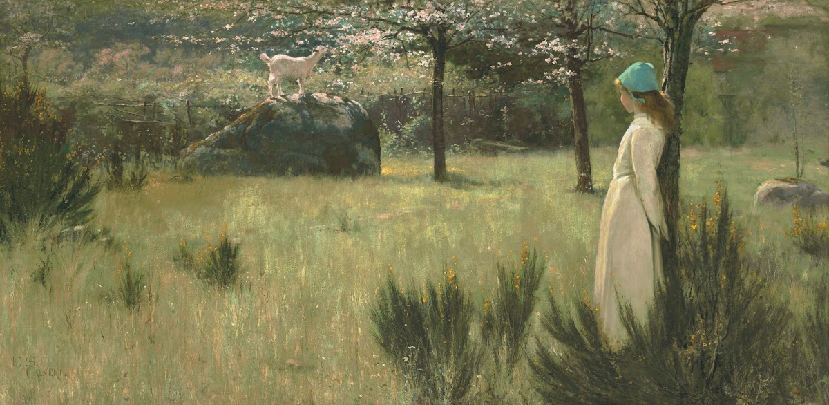 The young shepherdess and her goat in a springtime pasture