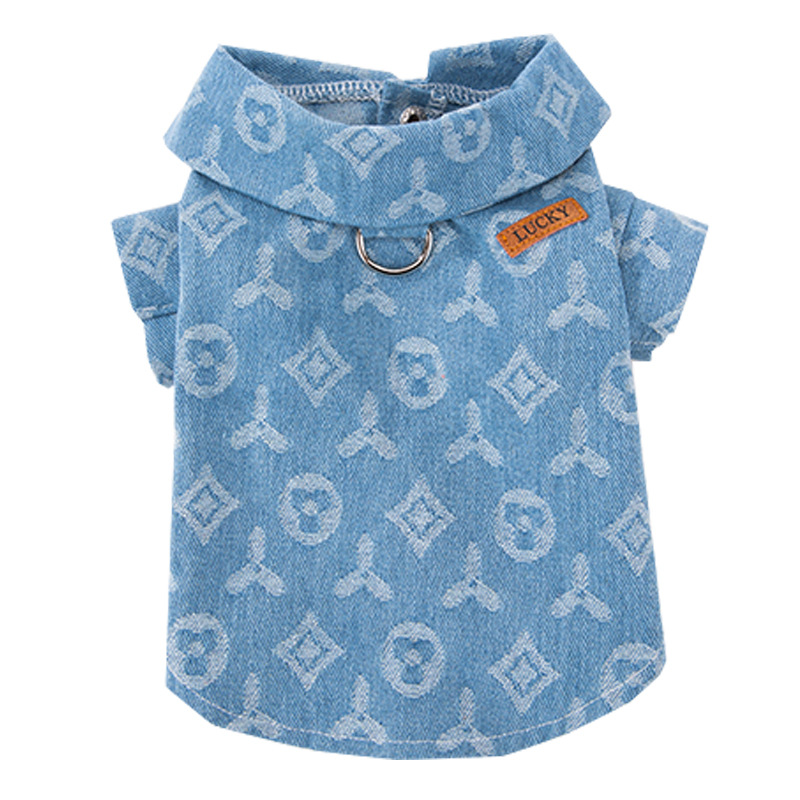 Denim dog jacket with guiding ring for two front paws