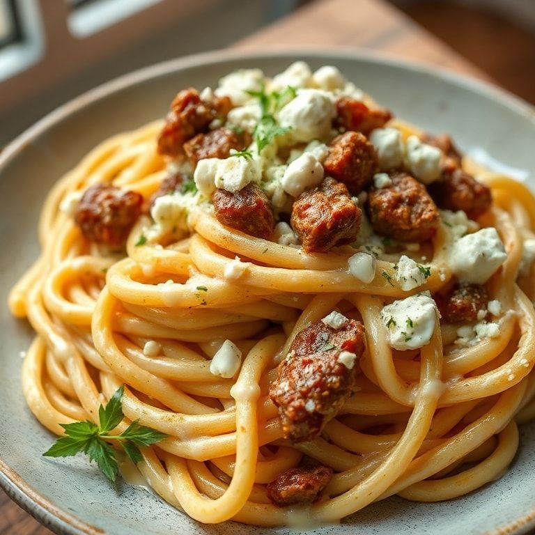 Creamy Garlic Yogurt Pasta with Spiced Beef and Feta: Easy Dinner in 40 Minutes finished