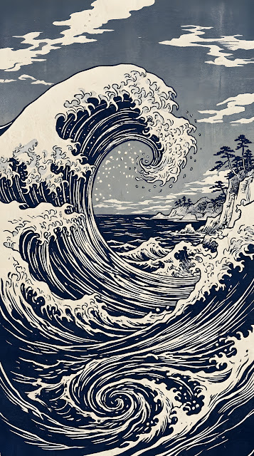 Minimalist Japanese Woodblock Indigo Ocean Wave Background - Free mobile Wallpaper