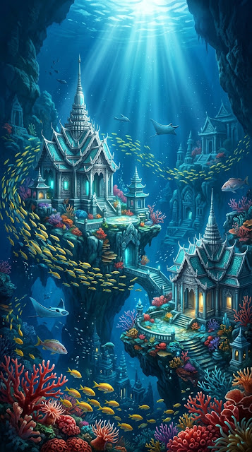 Mystical Underwater Kingdom with Asian Inspired Architecture - Free mobile Wallpaper