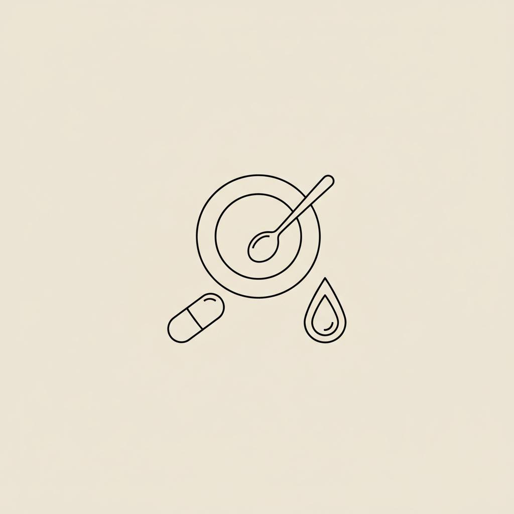 Minimalist line illustration of a capsule, small plate with spoon, and lipid droplet on beige background for MCT oil heart health