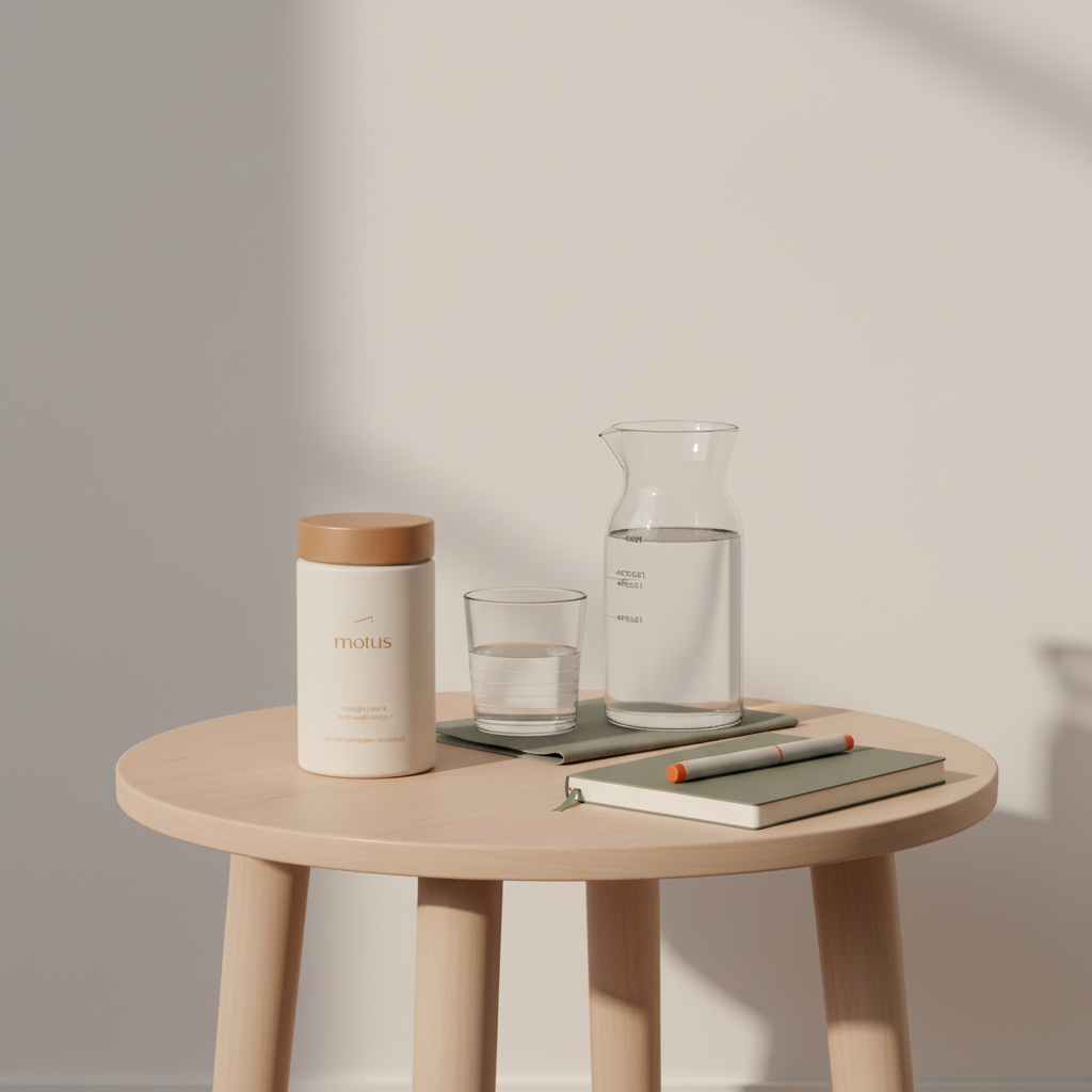 Minimal bedside scene with Tonum Motus supplement bottle on a wooden table beside a notebook and glass carafe, evoking daily routine and protein shakes for weight loss
