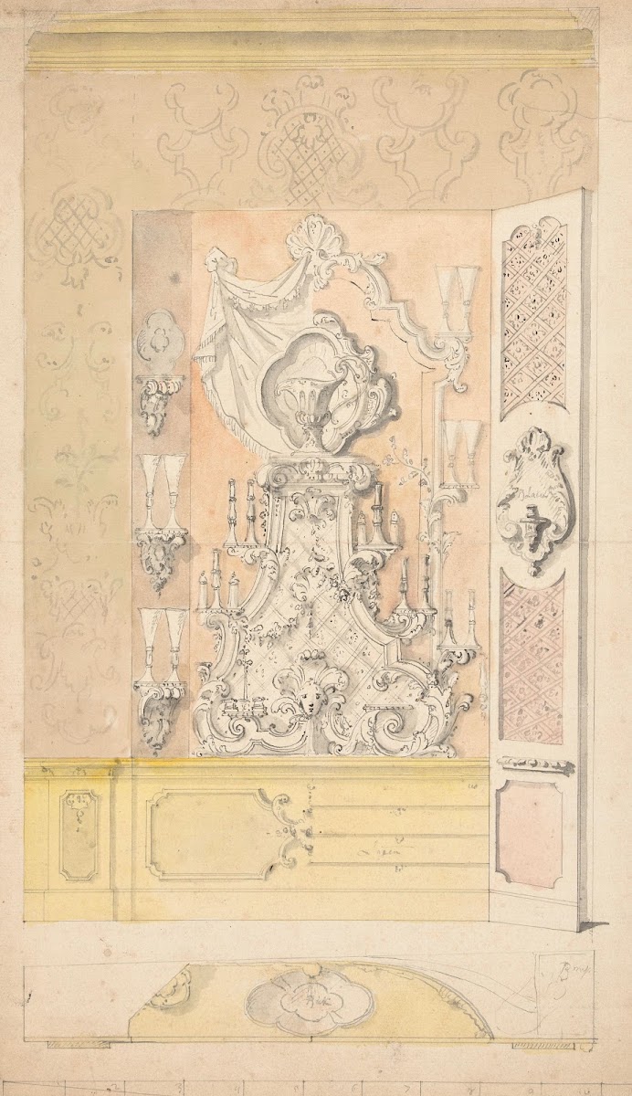 Ontwerp voor een wandkast met étagère in een binnenbetimmering 1796