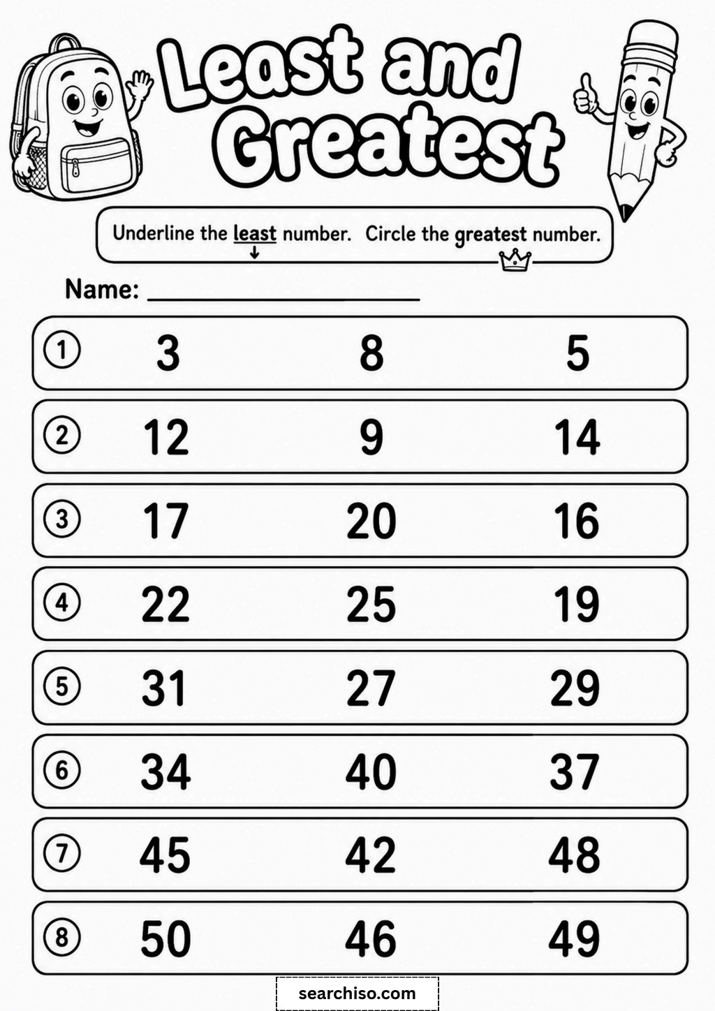 Least and Greatest Numbers Worksheet