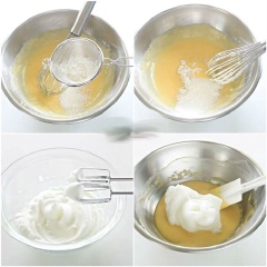Cuối cùng thêm 1.5 muỗng canh bột làm bánh ngọt, 1/2 muỗng canh tinh bột bắp vào trộn đều, tạo thành hỗn hợp bột mịn. Lưu ý khi cho bột nên đổ qua rây lọc để bột được mịn và không vón cục. Lòng trắng trứng cho bát đánh mịn cùng ½ thìa nước cốt chanh cho đến khi lòng trắng trứng bông mịn. Sau đó, cho 1/3 hỗn hợp lòng trắng trứng vừa đánh vào bát hỗn hợp bột, rồi trộn đều. Thêm phần lòng trắng trứng còn lại vào và tiếp tục trộn. Cho hỗn hợp bánh vào khuôn, rắc nam việt quất khô lên trên mặt khay bánh. Đặt một khay nước vào lò nướng.