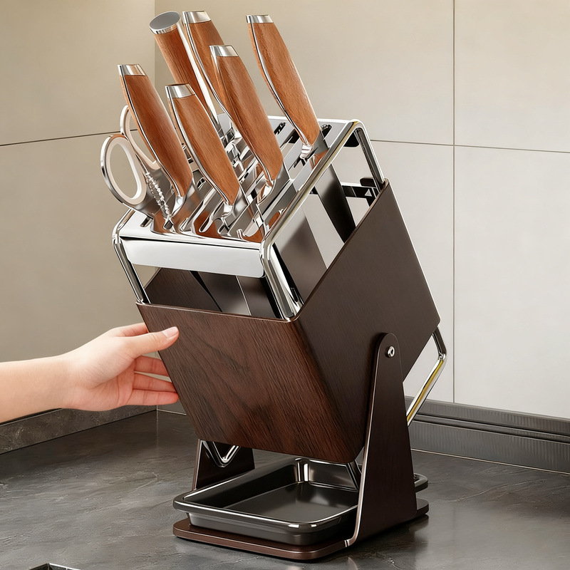 Rotating stainless steel knife block with accessories