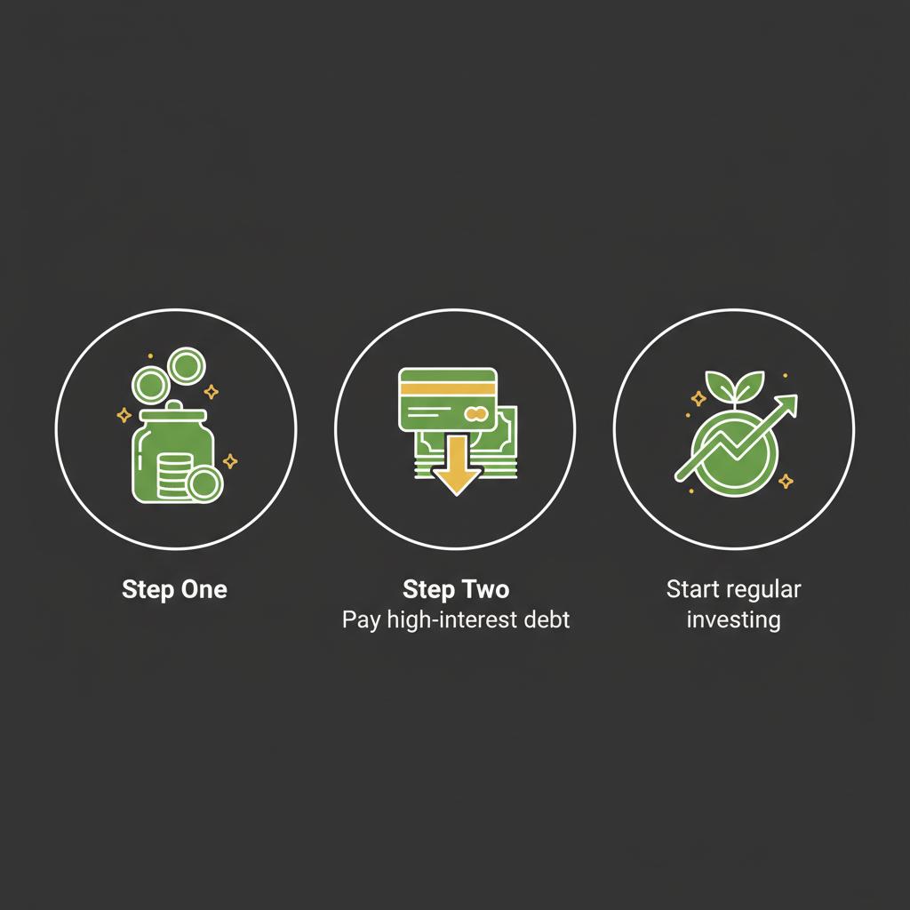 Minimal 2D vector infographic showing three steps to how to start investing as a student emergency fund pay down high interest debt then begin regular investing in Finance Police colors