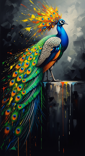 Vibrant Abstract Painterly Peacock with Detailed Feathers on Dark Background - Free mobile Wallpaper