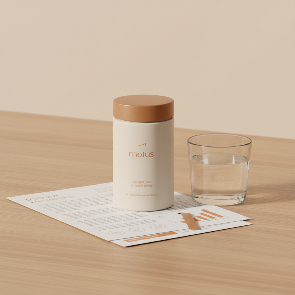 Tonum Motus supplement bottle on light wooden table with open research leaflet and glass of water against #F2E5D5 background in a clinical-warm minimalist scene — diet pills FDA approved over-the-counter