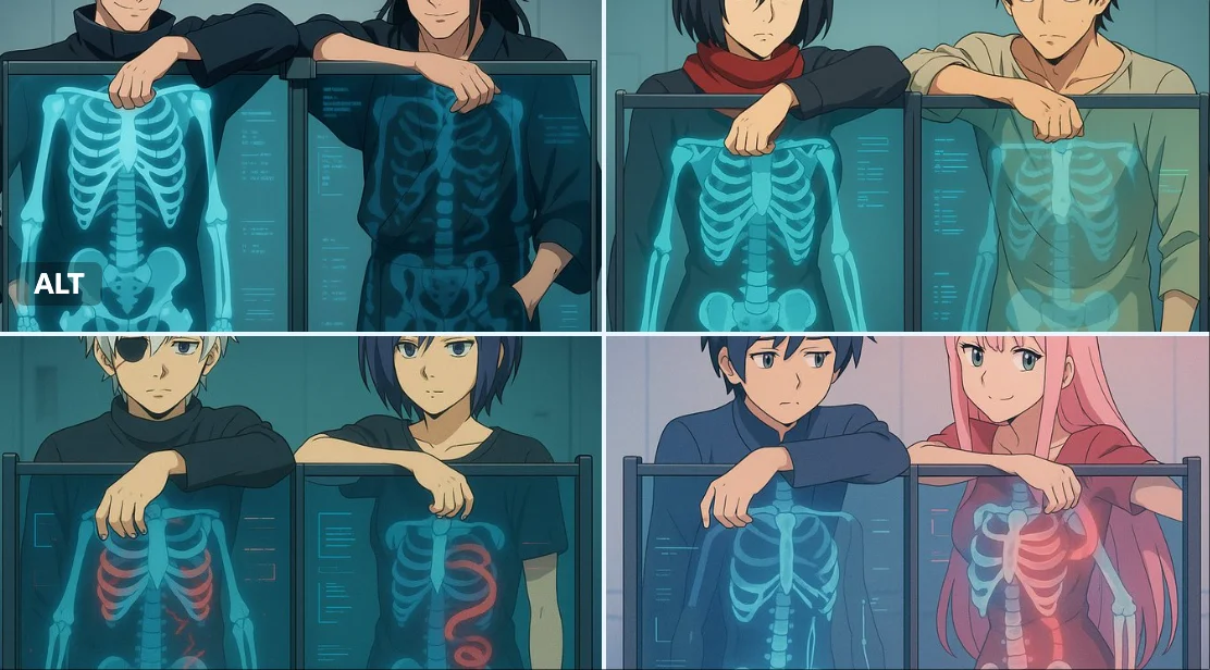 Dos personajes de estilo anime detrás de un panel de escaneo de rayos X futurista.