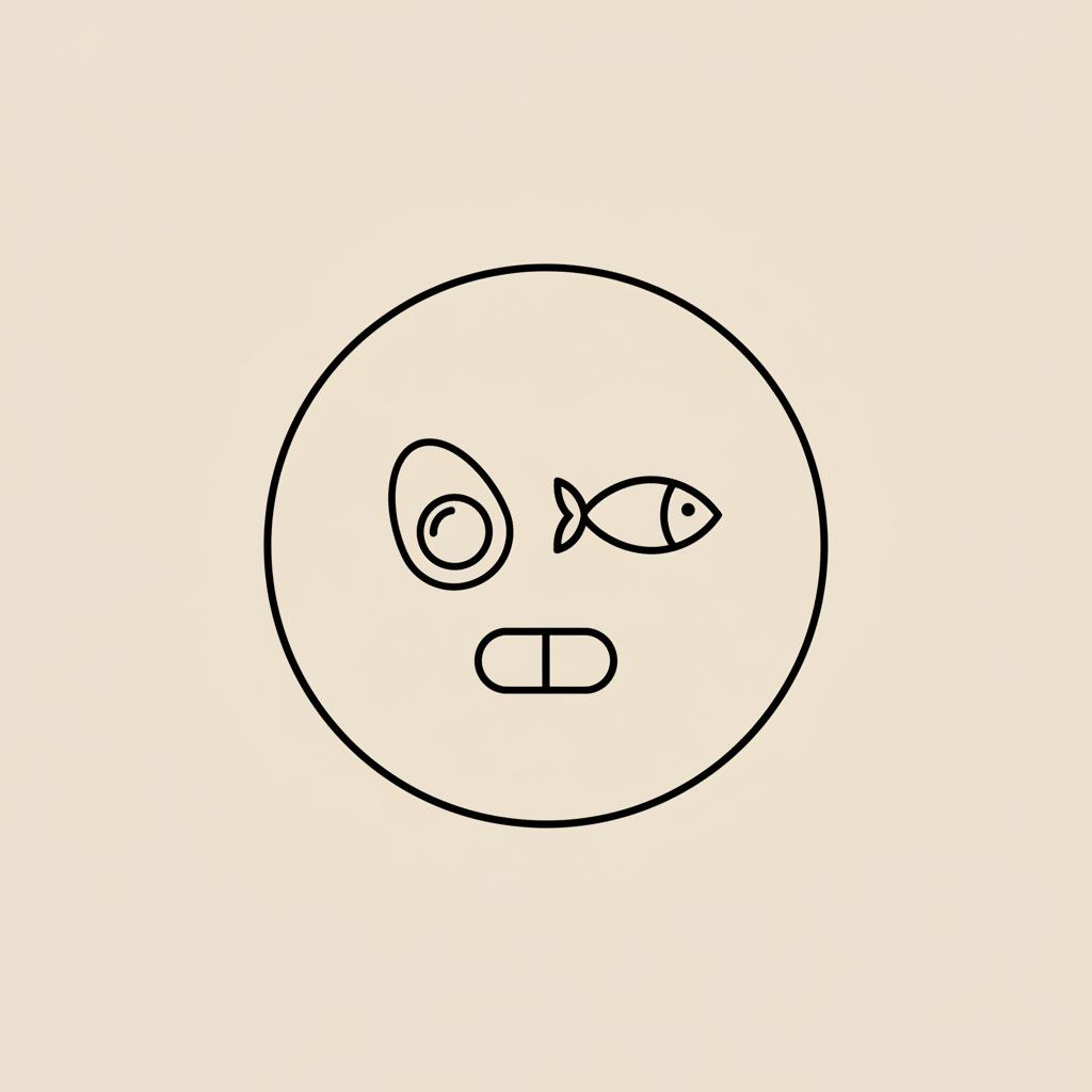Which meal is best to skip for weight loss? Minimal Tonum-style line illustration of a plate with a halved boiled egg, fish icon and small capsule on beige #F2E5D5 background.