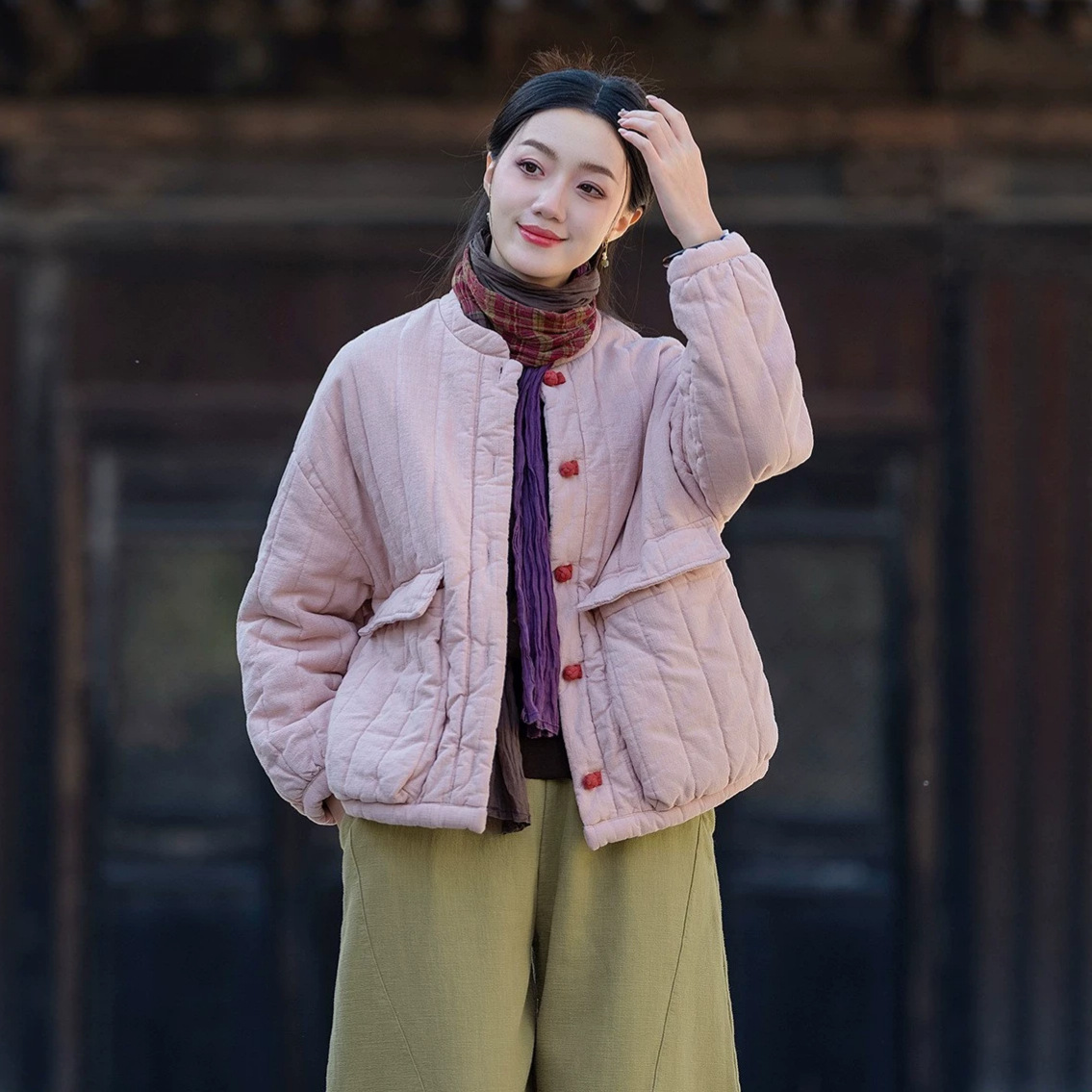 Damen-Steppjacke, Baumwoll-Leinen, Vintage-Stil, Stehkragen