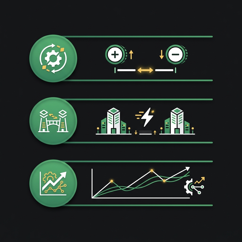 Minimalist full frame diagram of three lanes showing market making arbitrage and trend following with icons for speed spread and models on a dark branded background for automated crypto trading