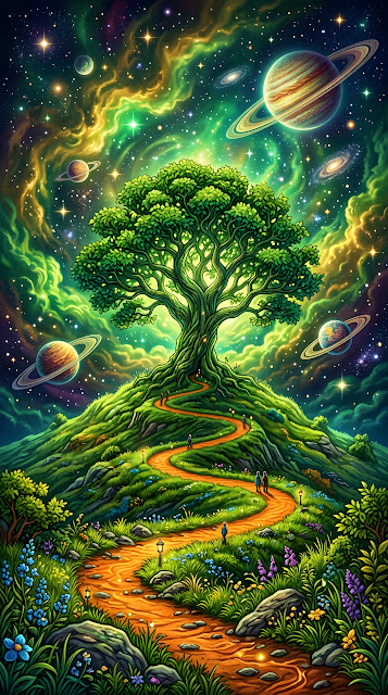 Surreal Illustration of a Green Tree with Cosmic Sky - Free mobile Wallpaper