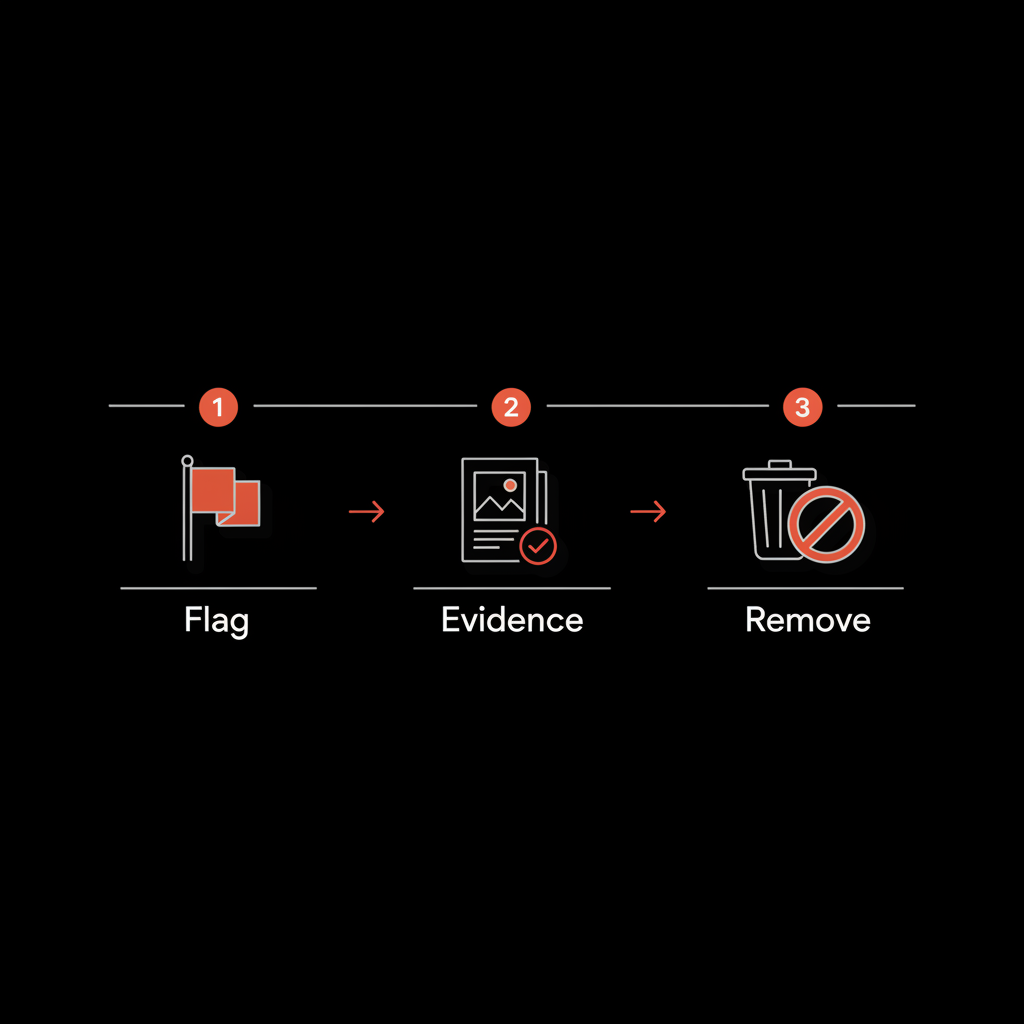 Minimal three-step infographic showing flag, evidence, and removal icons illustrating how to remove a Google review on a black background with light text and orange accents.