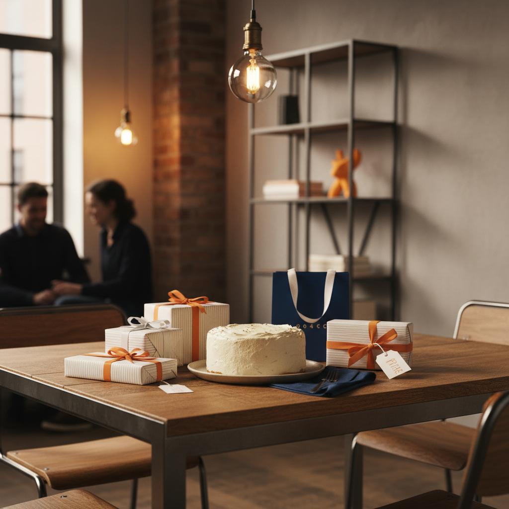 Esstisch mit kleinen Geschenken und einfacher Vanilletorte im minimalistischen, leicht industriellen Stil – Schenkungssteuer Geschwister
