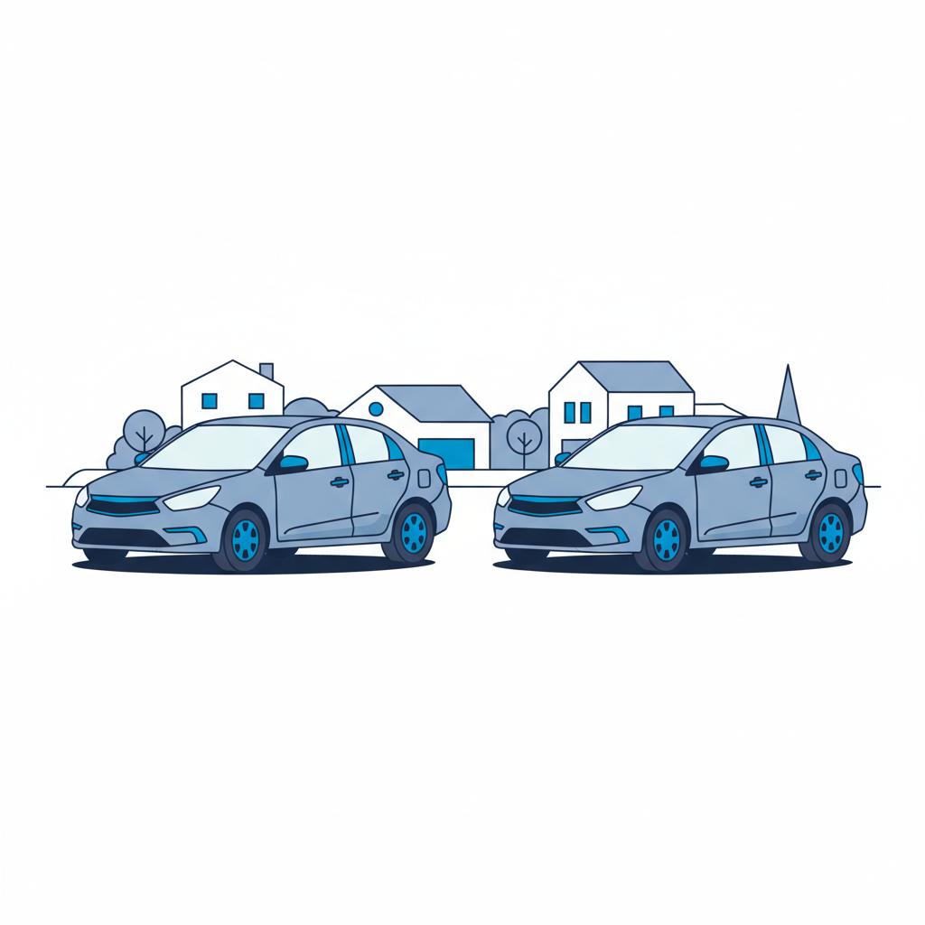 Minimalist vector side by side unbadged sedans in matching blue on a calm suburban test drive route mazda showroom near me