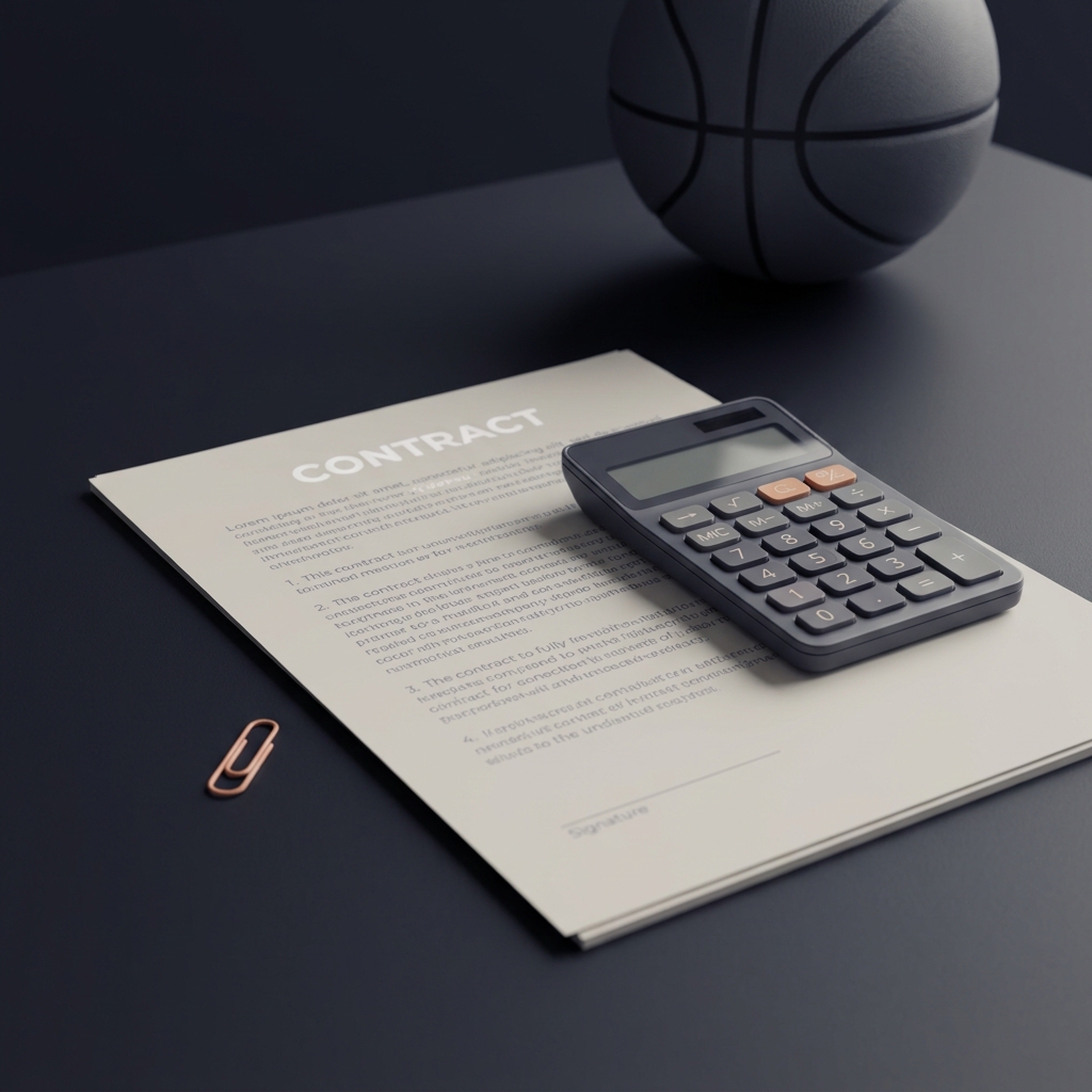 Close up of contract and calculator on dark minimalist desk with blurred basketball in background in Funded Plays colors bucks bulls prediction