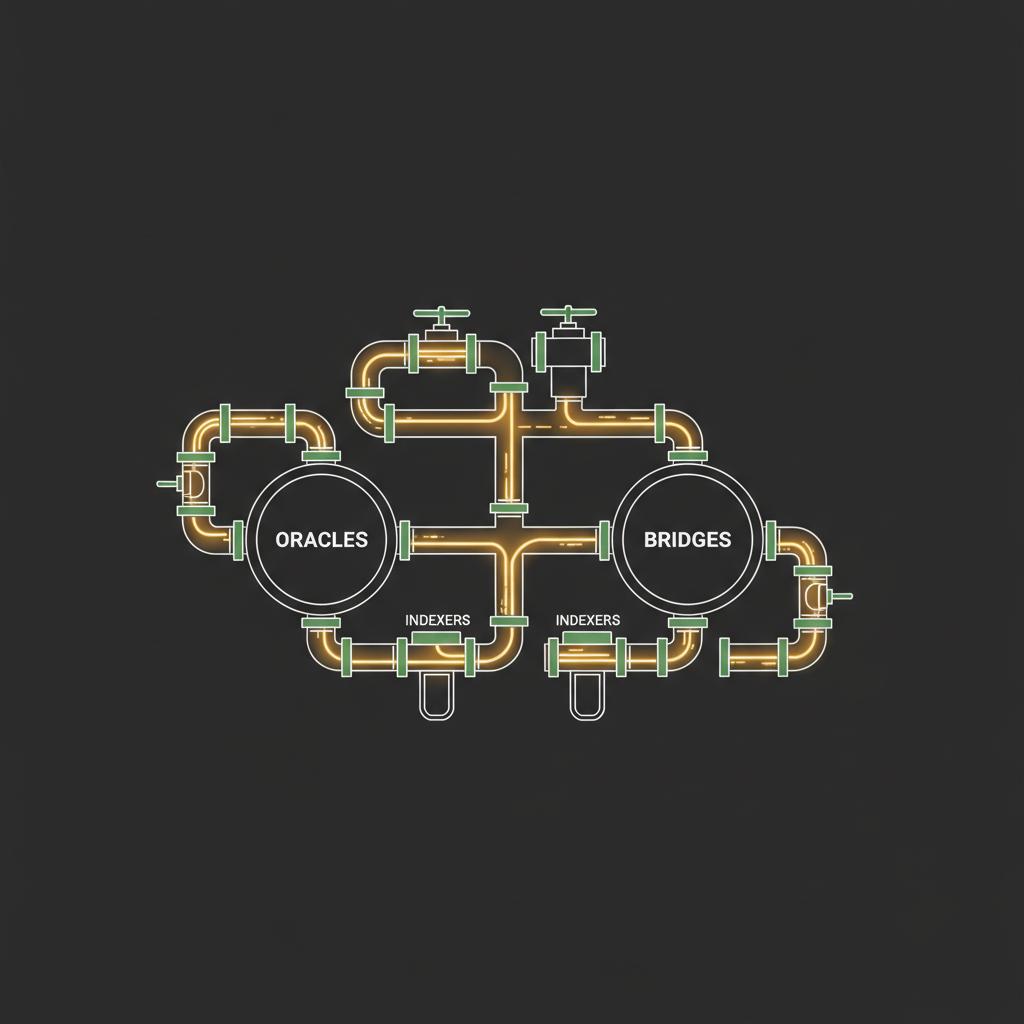 Minimalist 2D vector of oracles bridges and indexers as interconnected pipes and valves carrying glowing data streams in Finance Police colors most promising crypto