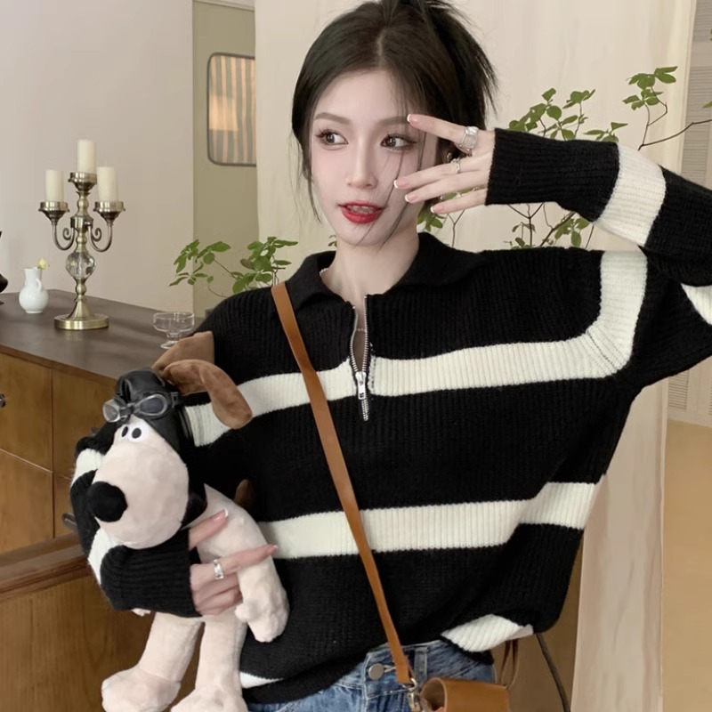 Gestreifter Strickpullover mit Polo-Kragen und Reißverschluss