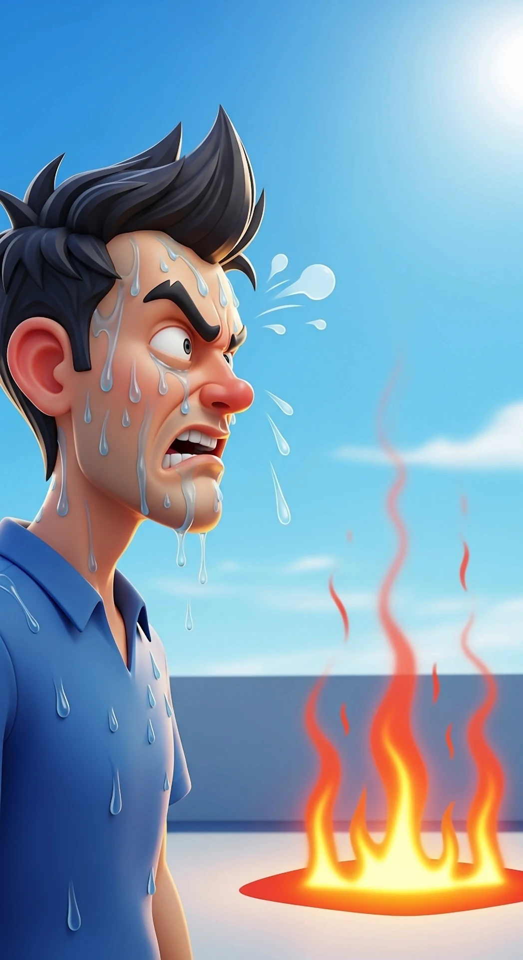 Cartoon Man Overwhelmed by Heat and Sweat Under Sun - Free 4K mobile Wallpaper