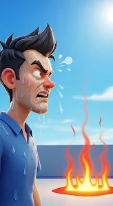 Cartoon Man Overwhelmed by Heat and Sweat Under Sun