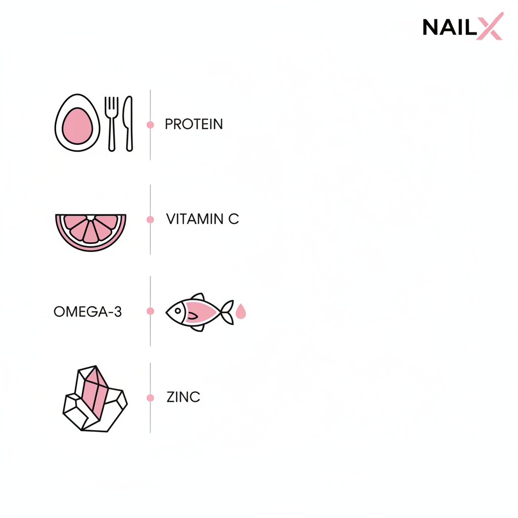 Minimalistische Vektor-Infografik mit vier Icons (Protein, Vitamin C, Omega-3, Zink) in NailX-Farben auf weißem Hintergrund. Was essen für harte Fingernägel?