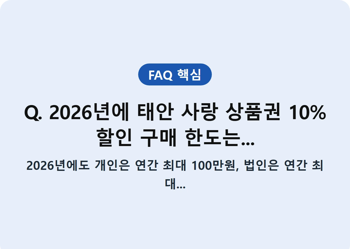 Q. 2026년에 태안 사랑 상품권 10% 할인 구매 한도는...