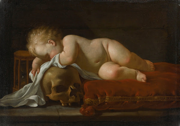 A Vanitas Scene With A Sleeping Child On A Red Velvet Cushion An Egg Timer And A