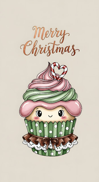 Cute Christmas Cupcake Drawing Festive Greeting - Free mobile Wallpaper