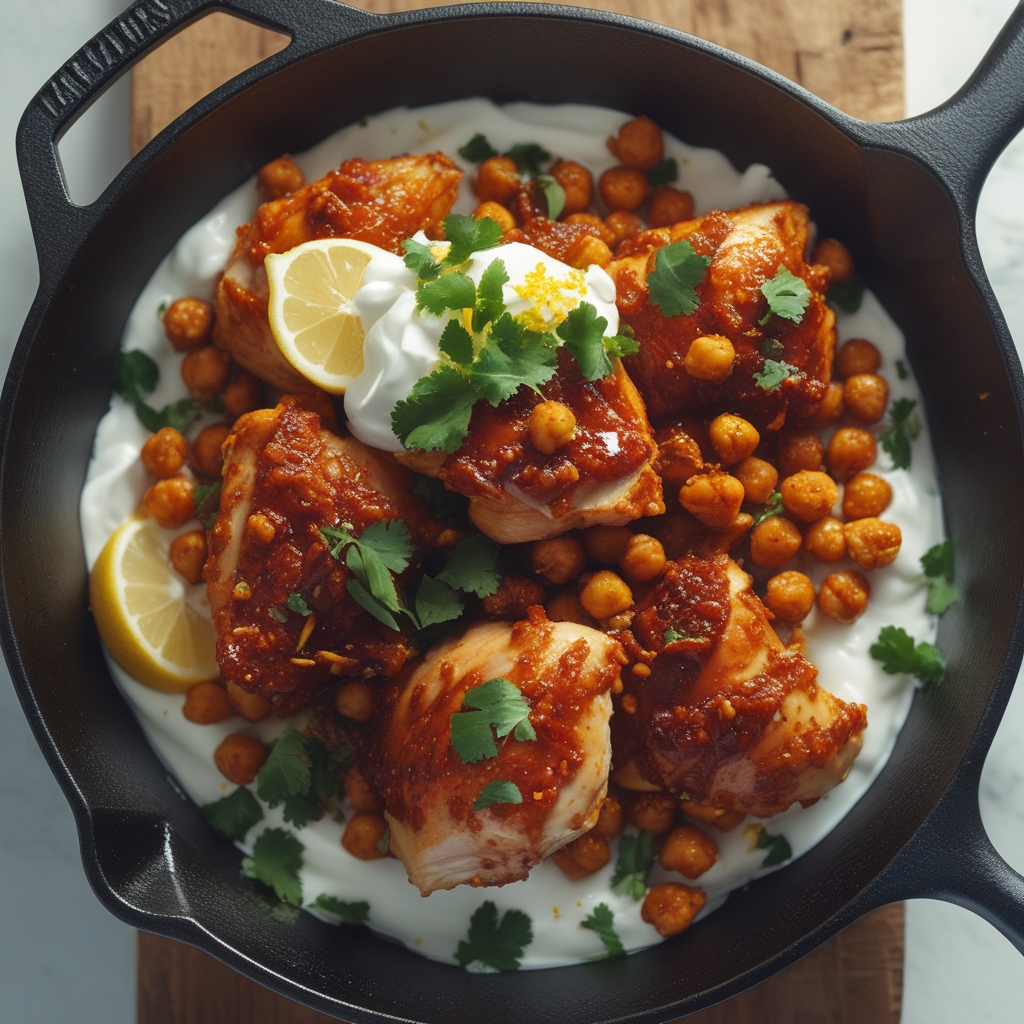 Harissa Honey Chicken & Crispy Chickpea Skillet with Whipped Lemon Yogurt
