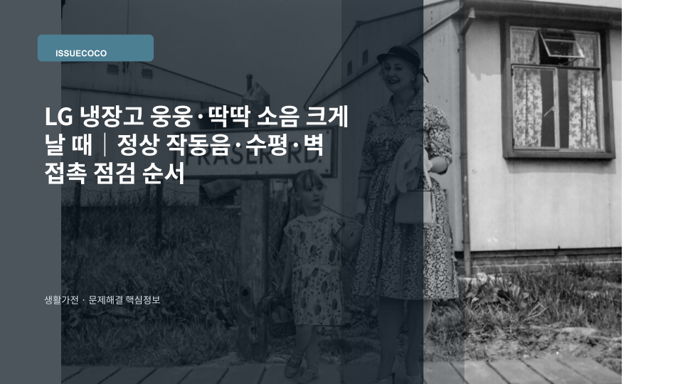 LG 냉장고에서 웅웅 딱딱 소리가 날 때 정상 작동음과 설치 상태를 점검하는 장면