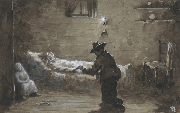 Man knielt bij het bed van een vrouw 1910