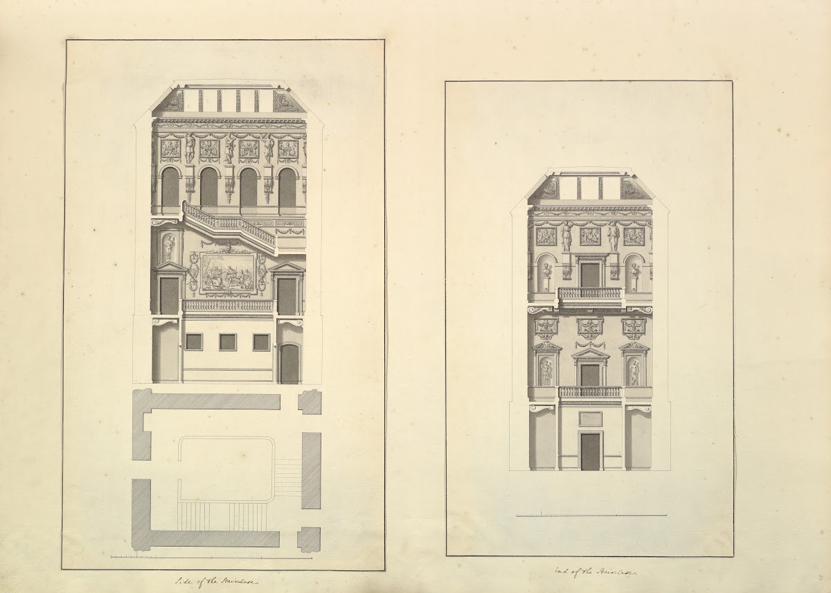 Leaf from Aedes Walpolianae mounted with two drawings a Side of the Staircase Ho