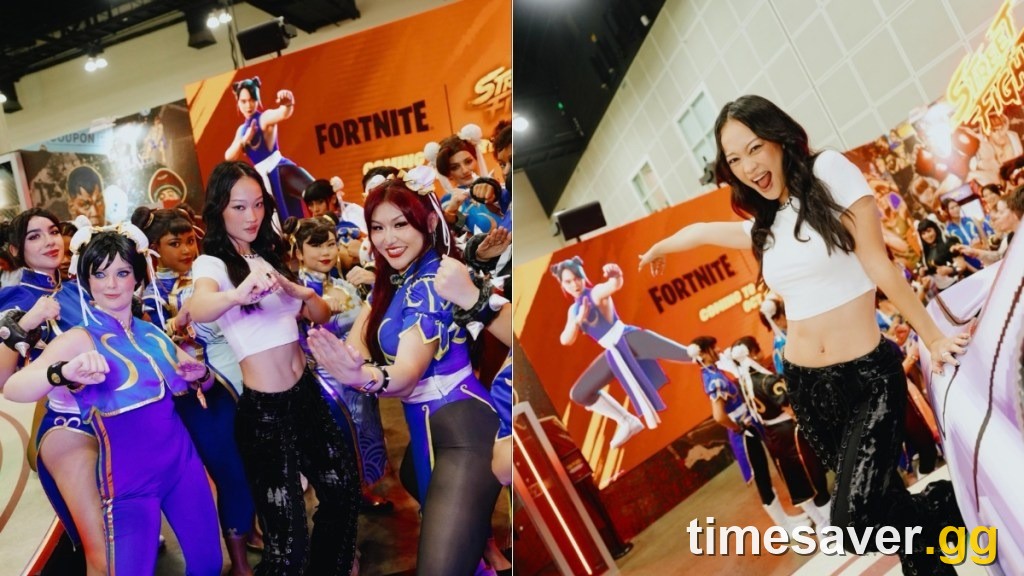 Fortnite x Street Fighter movie collab reveal display at ComplexCon showing the new Chun-Li skin coming October 10
