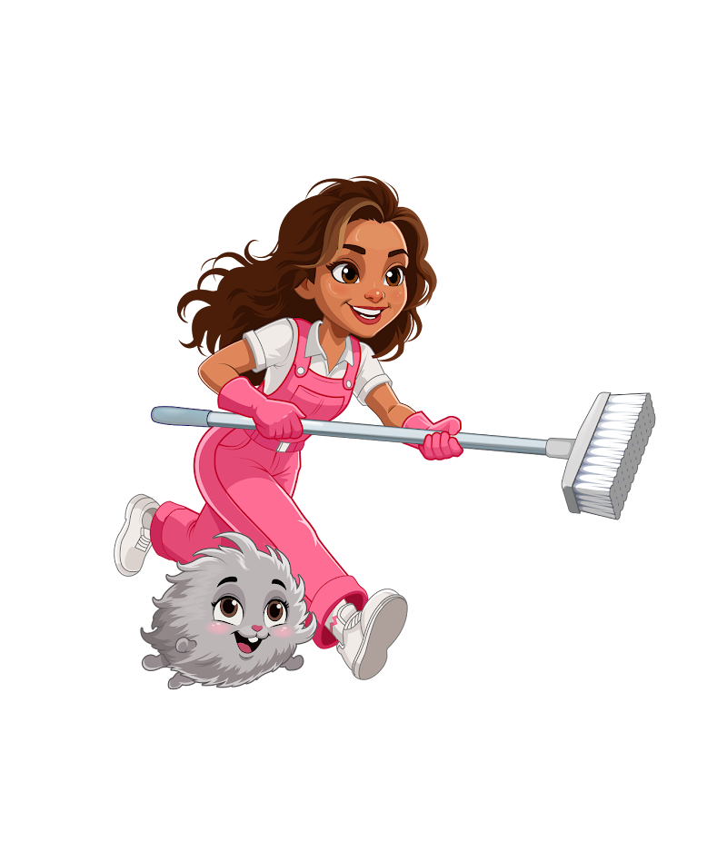 Monica mascot chasing a dust bunny