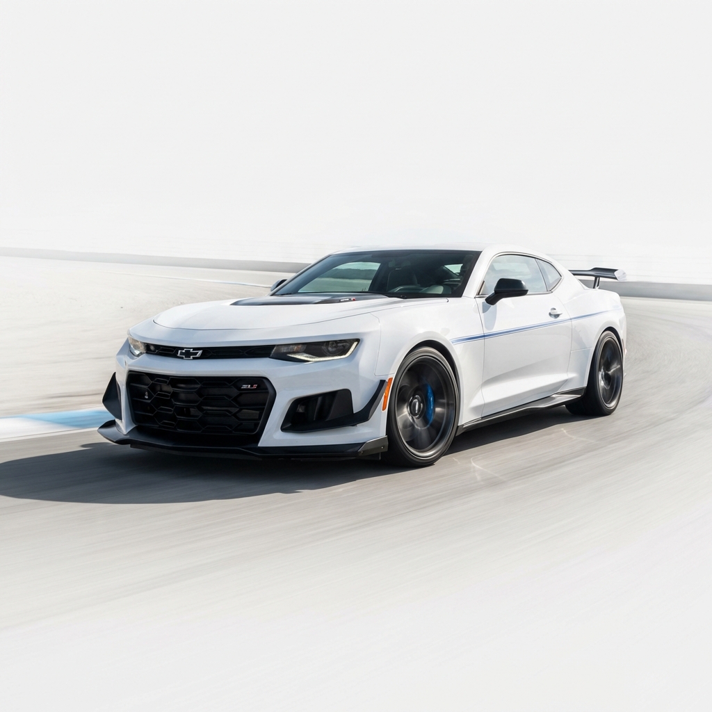 Action photo of a Camaro ZL1 1LE taking a corner on a road course showing aero elements and blue brake calipers in a clean white CarFax Deals style camaro zl1 for sale