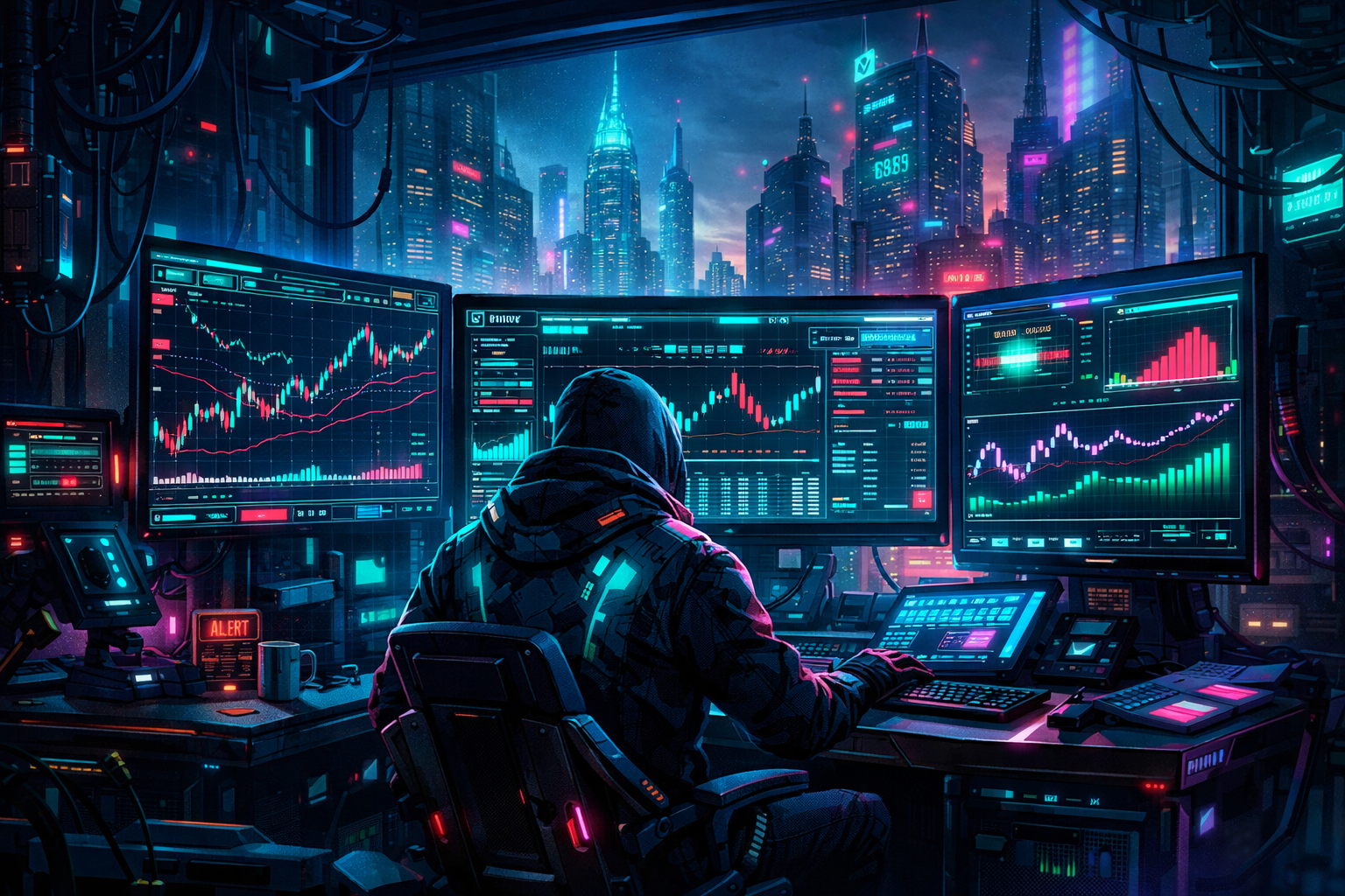 Cyberpunk trading workflow illustration