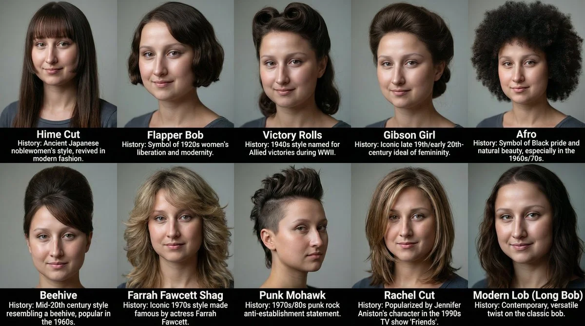 Crea una cuadrícula de 10 peinados diferentes para esta mujer.