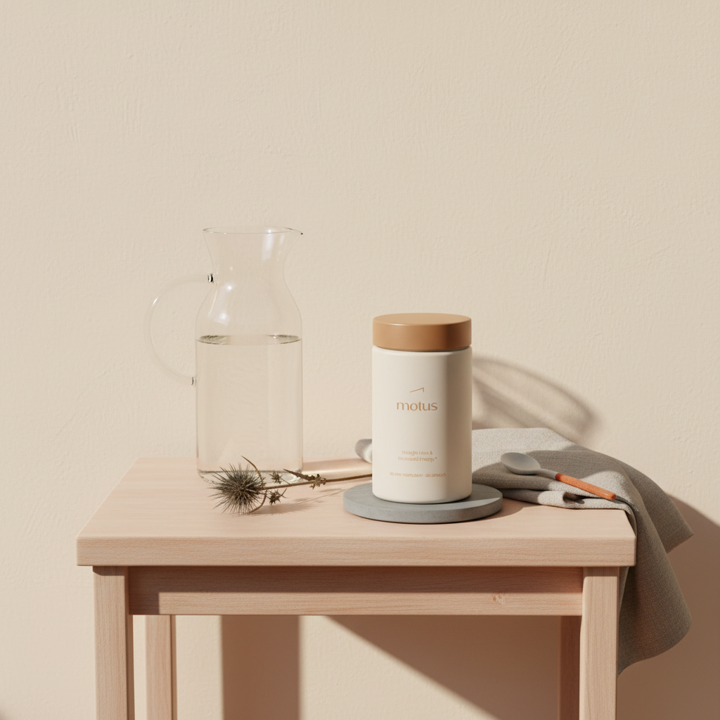 Minimal bedside scene with Tonum Motus supplement jar on a slate coaster, glass carafe and milk thistle sprig in morning light — minimalist wellness photo for phentermine article.