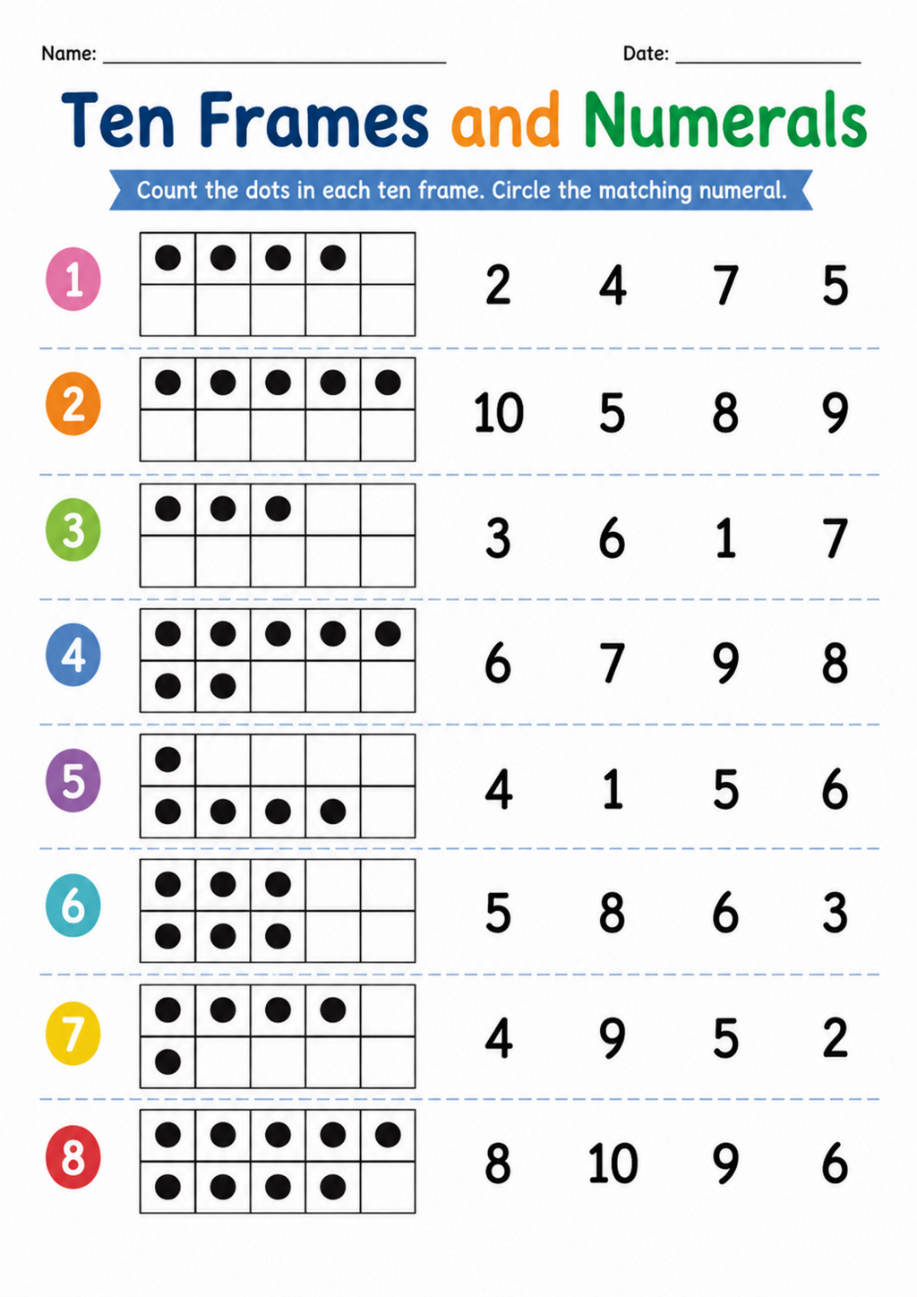 Ten Frames and Numerals Worksheet