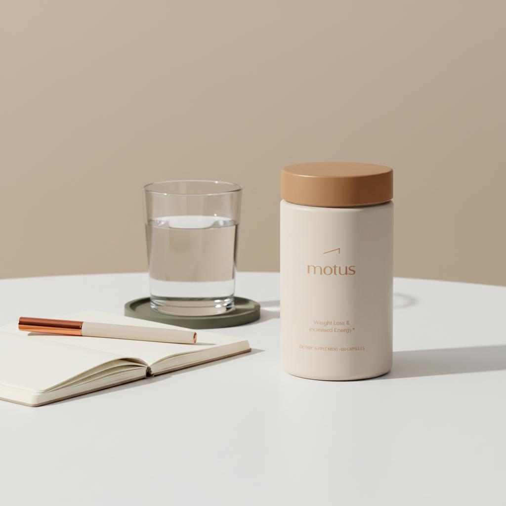 Minimal still-life of Motus supplement bottle on a white table with open notebook and glass of water, minimalist Tonum composition and colors — berberine vs ozempic
