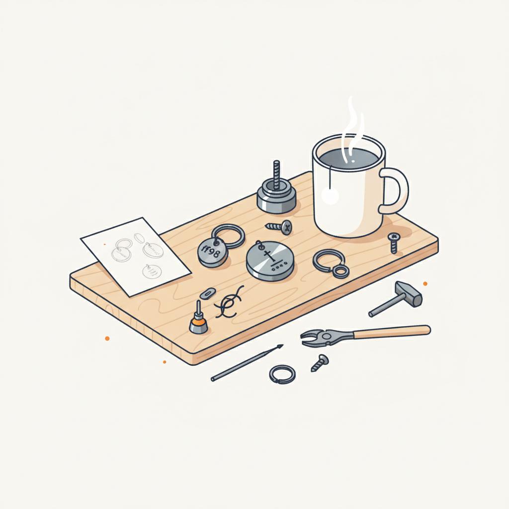 Teenager-inspirierte, minimalistische 2D-Vektor-Szene einer Werkbank mit personalisierten Metallanhängern, Skizzen und Tasse auf hellem Holz, ruhige handwerkliche Atmosphäre