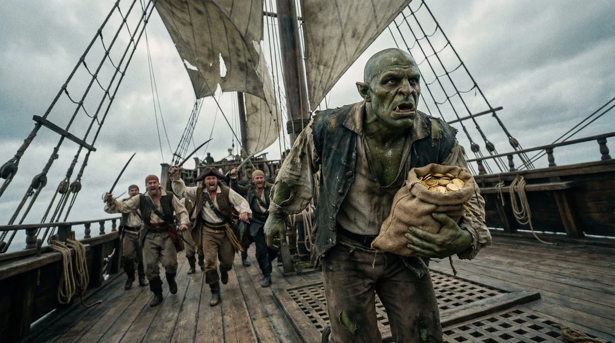 Orco verde corre con monedas de oro en un barco pirata.