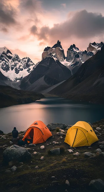 Tents Camping Patagonia Mountains Lake Sunset Landscape