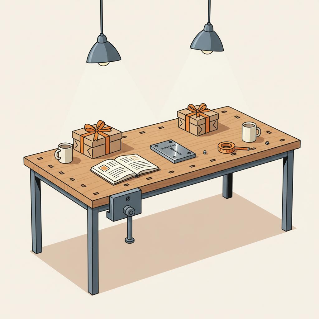 Minimalistische 2D-Vektor-Illustration eines Holz-Metall-Tischs mit Geschenkverpackungen, Notizbuch und graviertem Metallstück in warmem Licht – Glückwünsche Bachelorprüfung